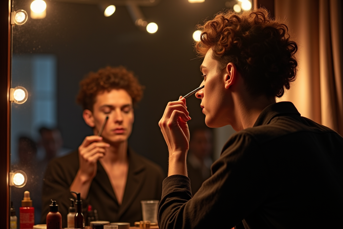 Acteur en coulisses appliquant maquillage devant miroir bien éclairé