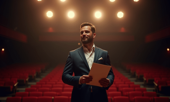 Acteur confiant sur scène avec éclairage brillant et public