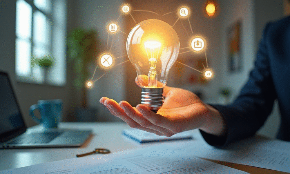 Main tenant une ampoule lumineuse avec icônes de propriété intellectuelle