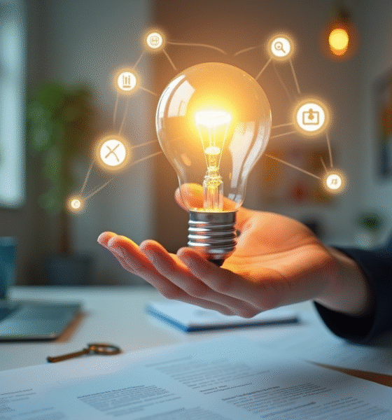 Main tenant une ampoule lumineuse avec icônes de propriété intellectuelle