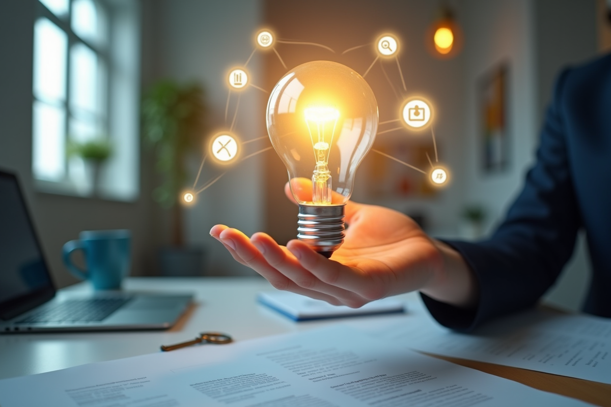 Main tenant une ampoule lumineuse avec icônes de propriété intellectuelle