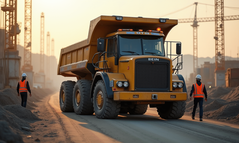 Camion de 26 tonnes sur un chantier au matin avec ouvriers