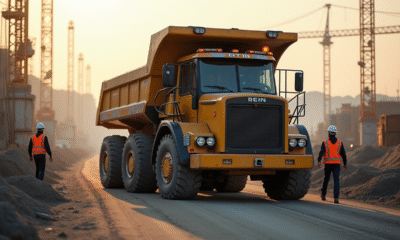 Camion de 26 tonnes sur un chantier au matin avec ouvriers