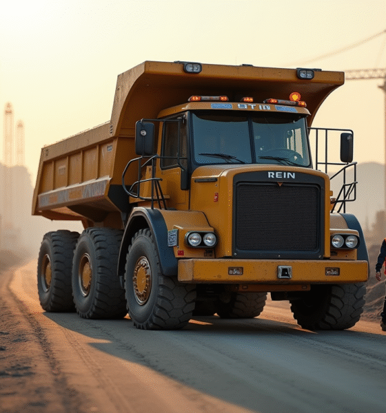 Camion de 26 tonnes sur un chantier au matin avec ouvriers