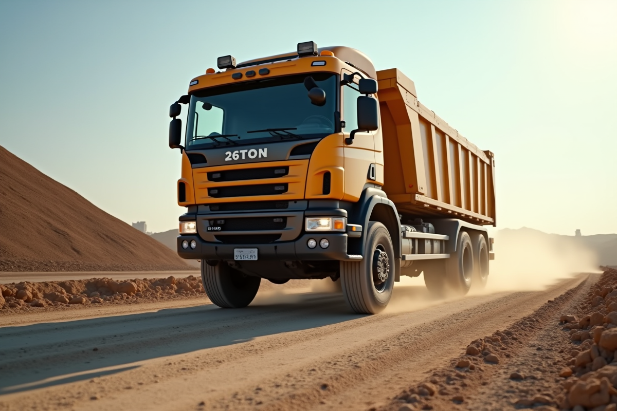 Camion de 26 tonnes roulant sur une route de chantier avec chargement