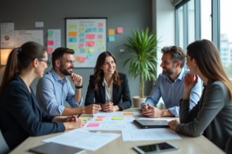 Quatre collègues discutant autour de notes colorées en réunion