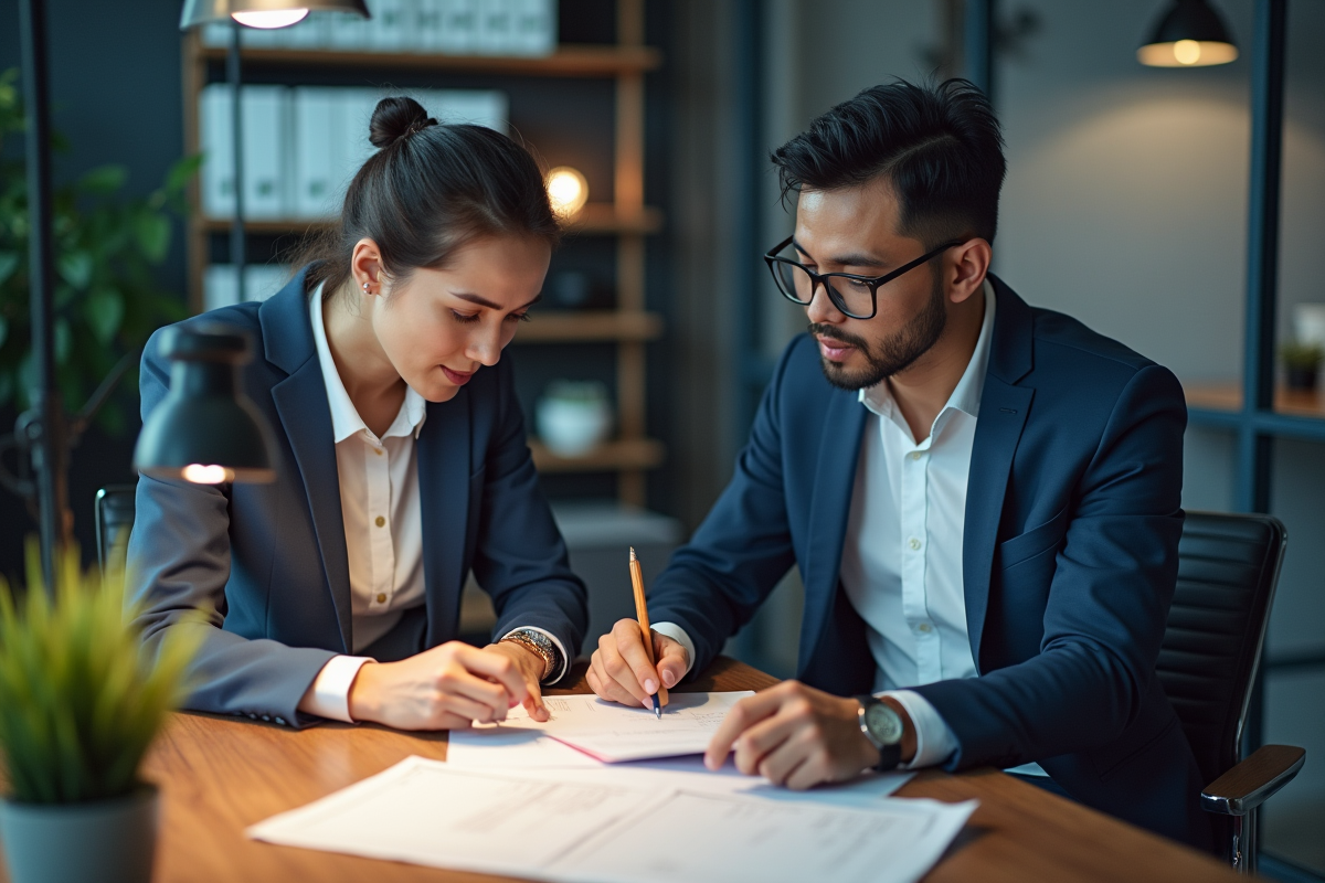 Spécialiste guidant un employé à un bureau organisé