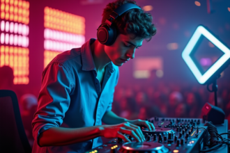 Jeune DJ mixant en club avec éclairage LED