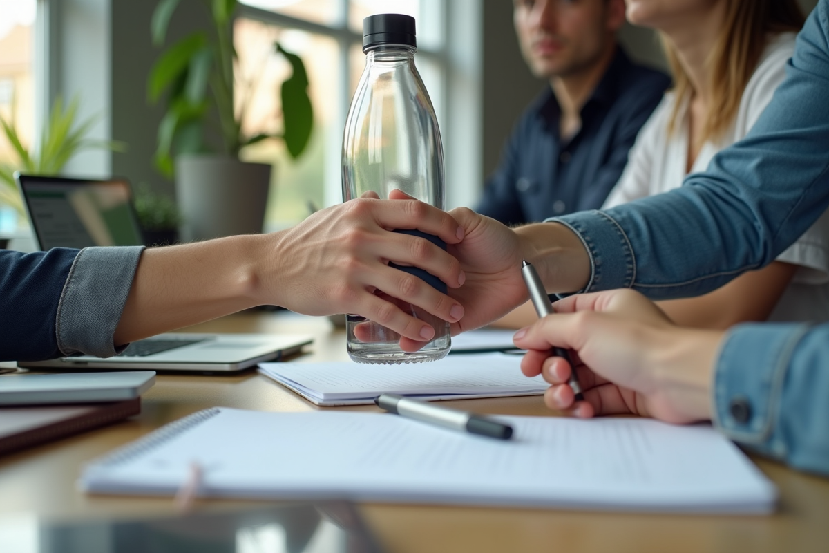 Mains échangeant une bouteille réutilisable personnalisée sur un bureau lumineux