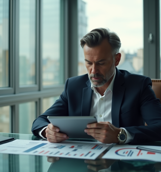 Homme d'affaires en costume dans un bureau parisien