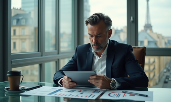 Homme d'affaires en costume dans un bureau parisien