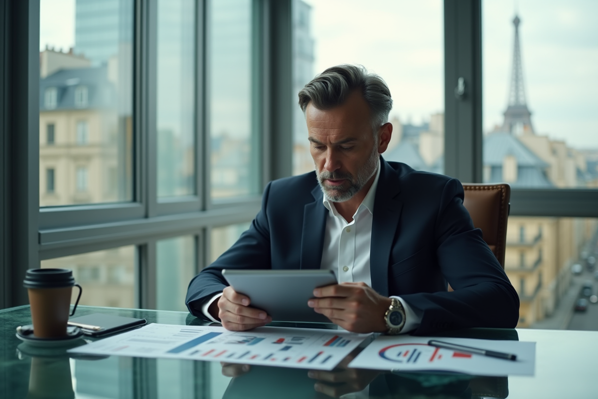 Homme d'affaires en costume dans un bureau parisien