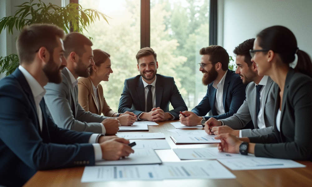 Groupe divers d'employes en reunion de travail souriants
