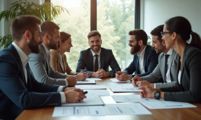 Groupe divers d'employes en reunion de travail souriants