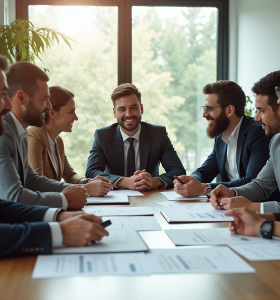 Groupe divers d'employes en reunion de travail souriants