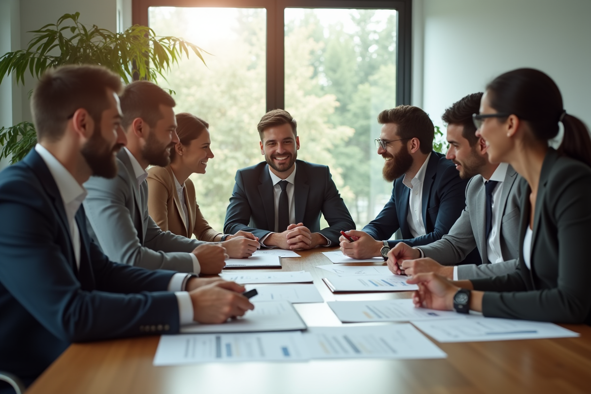 Groupe divers d'employes en reunion de travail souriants