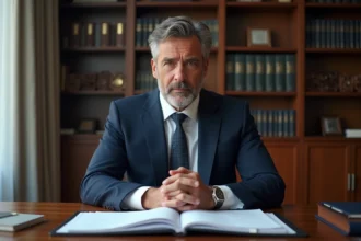 Homme d'affaires en costume navy dans un bureau sérieux