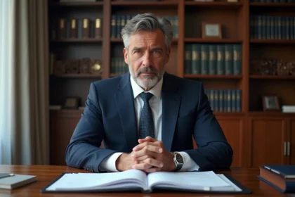 Homme d'affaires en costume navy dans un bureau sérieux