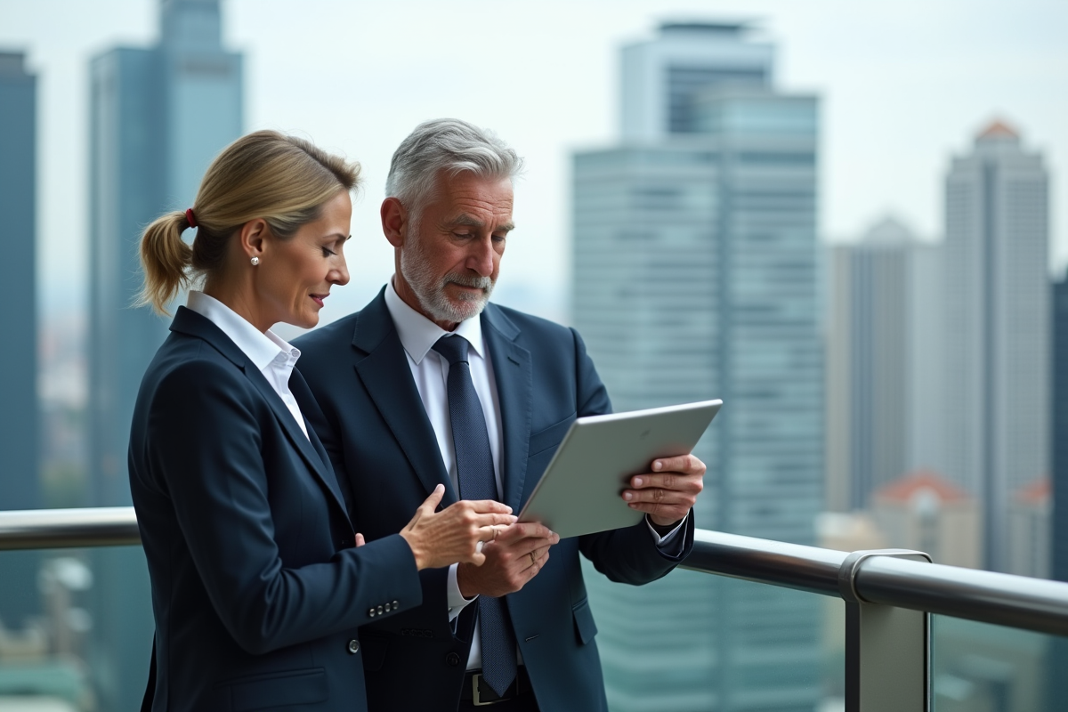 Deux cadres examinant des graphiques sur une tablette en terrasse