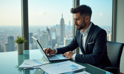 Cadre d'un cadre confiant dans un bureau moderne surplombant la ville