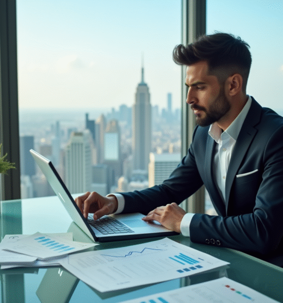 Cadre d'un cadre confiant dans un bureau moderne surplombant la ville