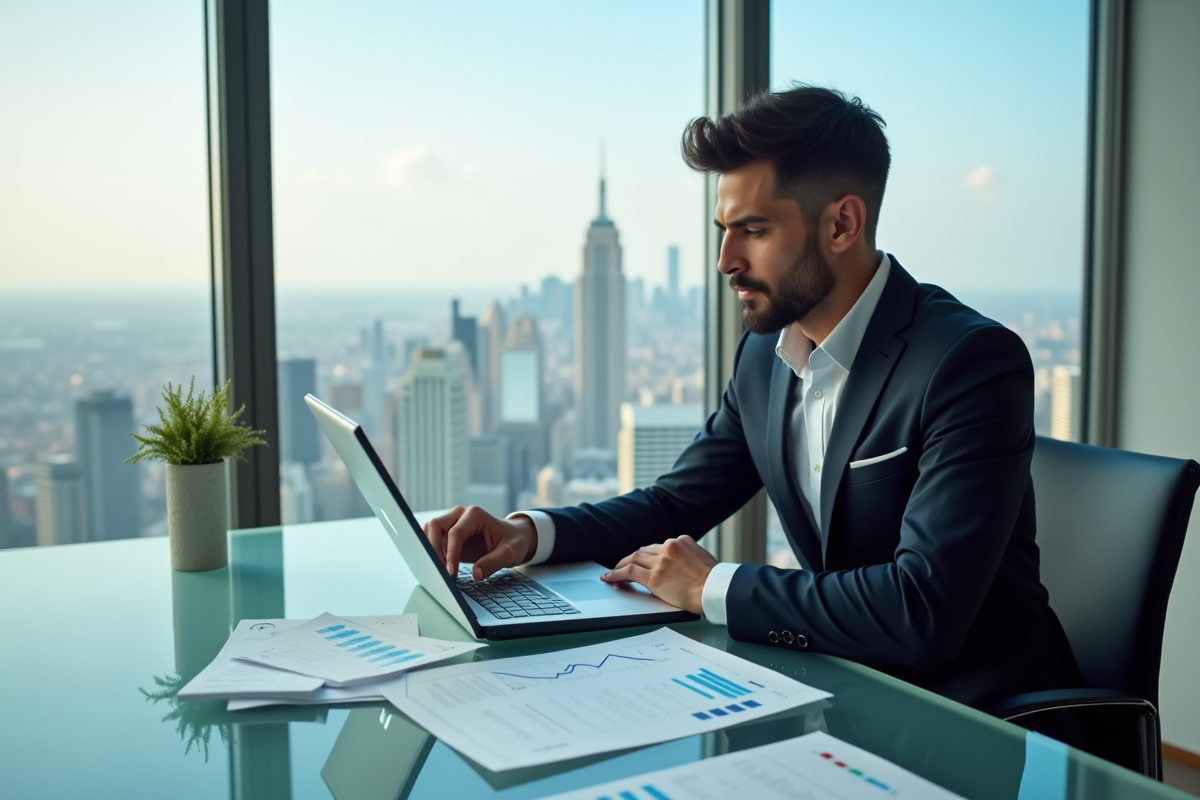 Cadre d'un cadre confiant dans un bureau moderne surplombant la ville