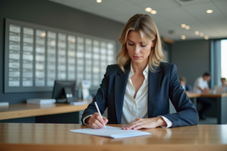 Femme d affaires remplissant un formulaire à la poste