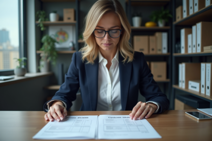 Femme d'affaires organisant des factures dans un bureau