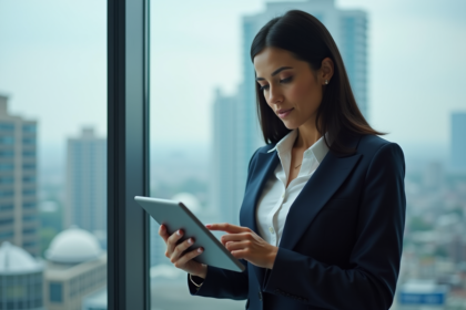 Femme d'affaires examinant un rapport numérique dans un bureau