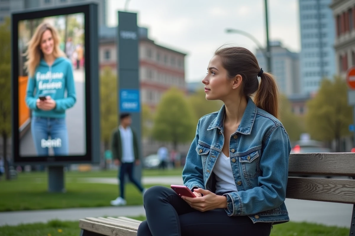 Jeune femme en jean assise sur un banc dans un parc urbain