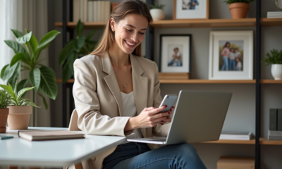 Jeune femme au bureau souriante avec ordinateur et smartphone