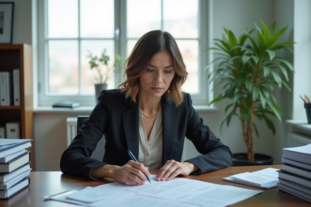 Femme en bureau professionnel lit une lettre concentrée