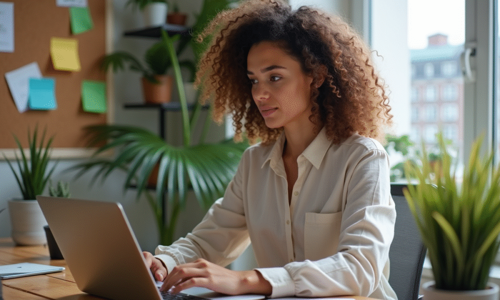 Femme au bureau à domicile travaillant sur un ordinateur portable