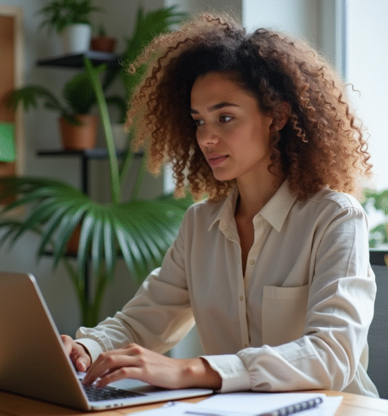 Femme au bureau à domicile travaillant sur un ordinateur portable