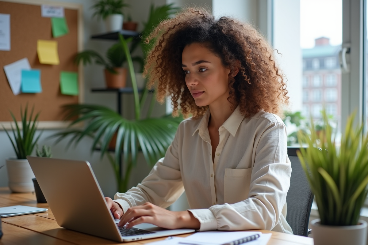 Femme au bureau à domicile travaillant sur un ordinateur portable
