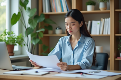 Jeune femme en bureau moderne compare des documents