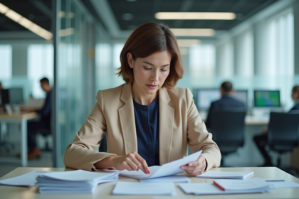 Femme d'âge moyen organisant des papiers au bureau