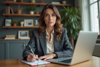 Femme en bureau à domicile travaillant sur son ordinateur