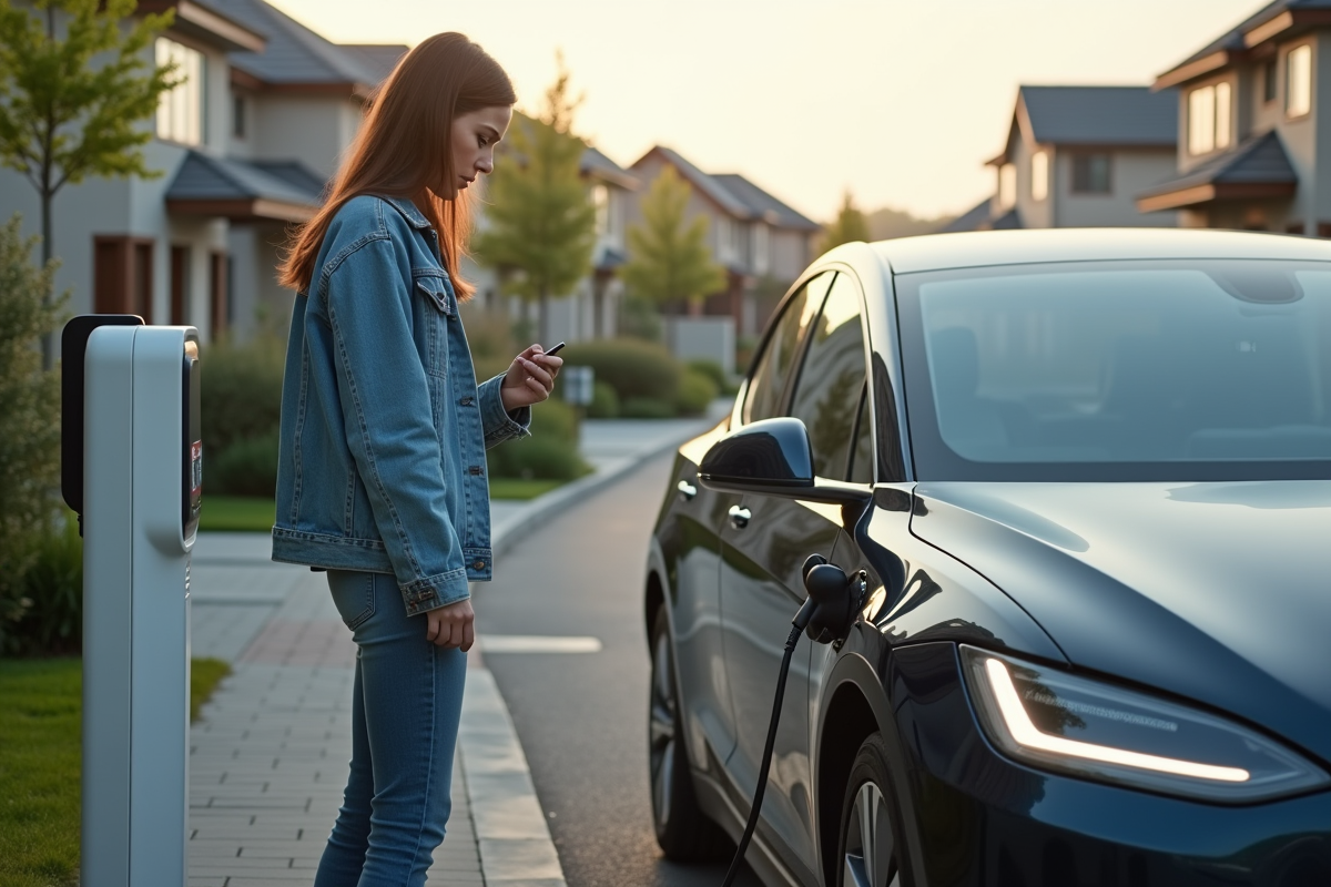 Femme devant une voiture électrique en station de recharge