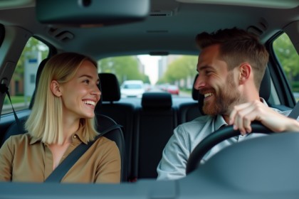 Jeune femme souriante en voiture en ville