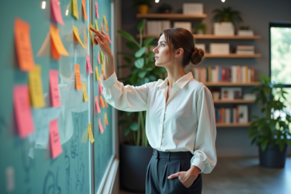 Femme réfléchie dans un bureau créatif avec notes colorées