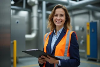 Femme en tenue de sécurité dans une usine moderne