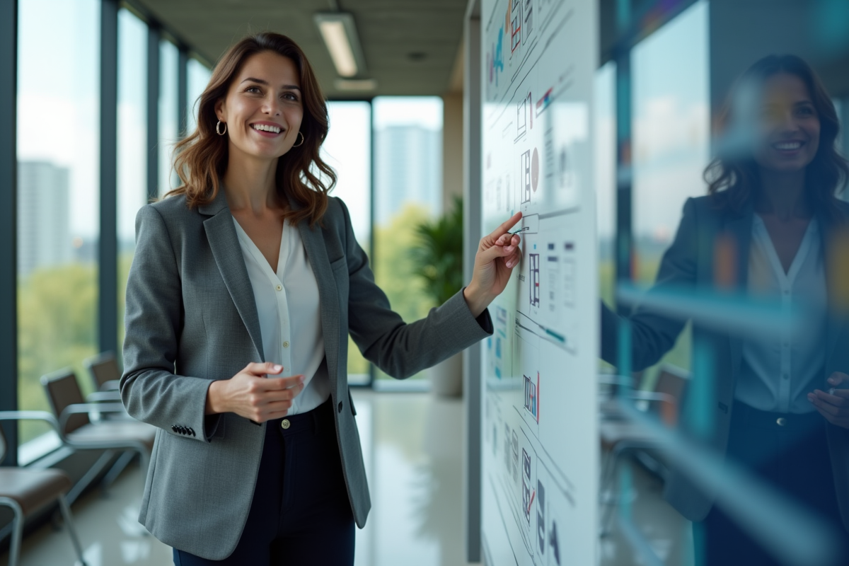 Femme présentant des stratégies sur un tableau blanc numérique