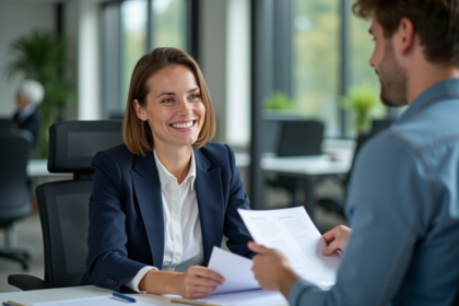 Femme d'affaires souriante en bureau moderne