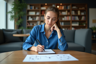 Femme concentrée en réunion avec notes et diagramme