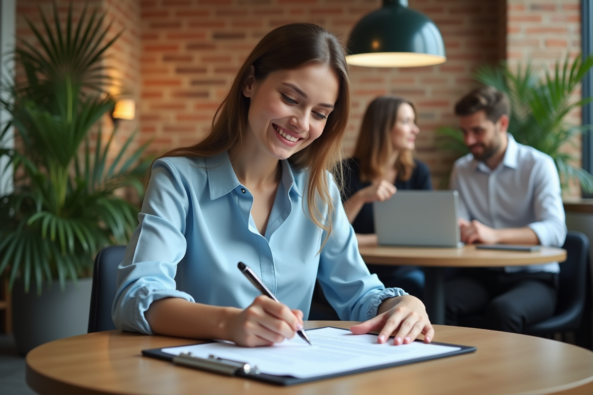 Jeune femme souriante signant un contrat dans un espace de coworking