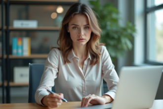 Femme stressée au bureau regardant son ordinateur