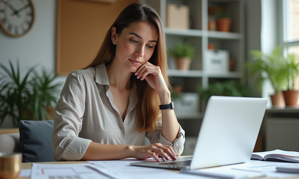Femme concentrée dans son bureau moderne en pleine réflexion