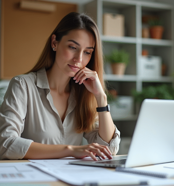 Femme concentrée dans son bureau moderne en pleine réflexion