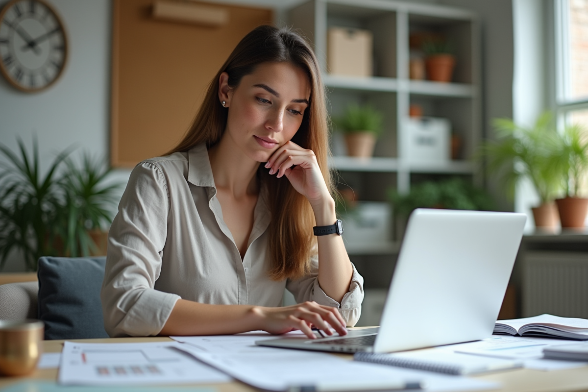 Femme concentrée dans son bureau moderne en pleine réflexion